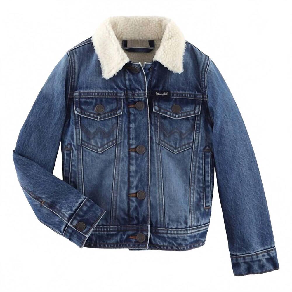 NEW WRANGLER girl's sherpa lined denim trucker jacket in dark blue